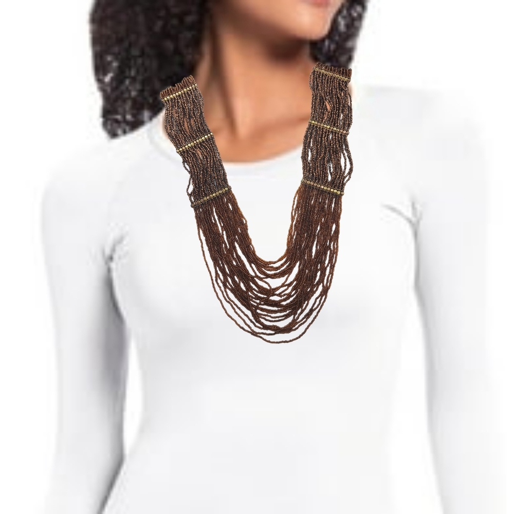 26-Strand Brown Glass Seed Bead African Necklace w/ Brass & Copper Accents. NWOT